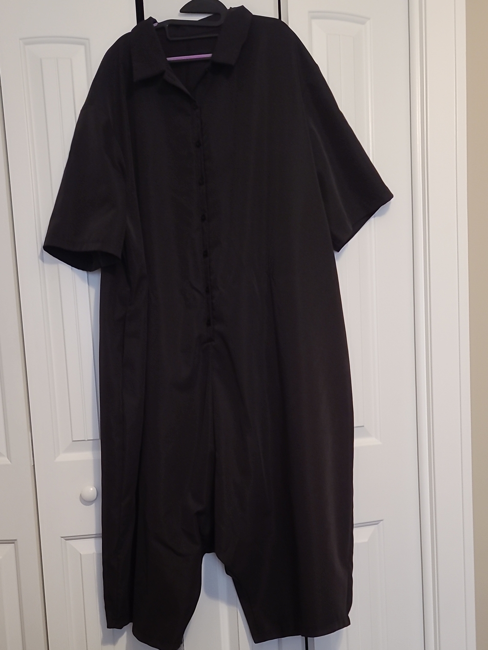 Black Short-Sleeve Button-Front Women's Jumpsuit